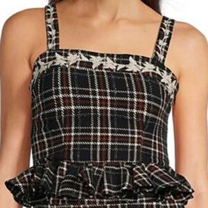 Fanm Mon Tweed Floral Embroidered Square Neckline Tank Strap Peplum Women's L